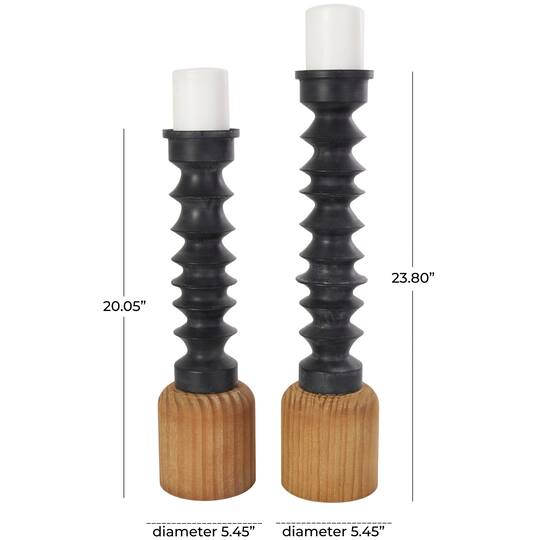 Black Metal Turned Style Pillar Candle Holder with Brown Wood Bases Set